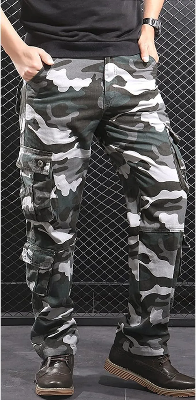 Maiyifu-GJ Men's Camo Cargo Pants Multi-Pockets Camouflage Hiking Trousers Sweatpants Loose Straight Leg Military Pants