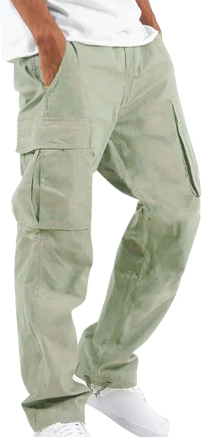 Maiyifu-GJ Men's Elastic Waist Cargo Pants Lightweight Multi-Pockets Hiking Long Trousers Casual Athletic Joggers Sweatpants