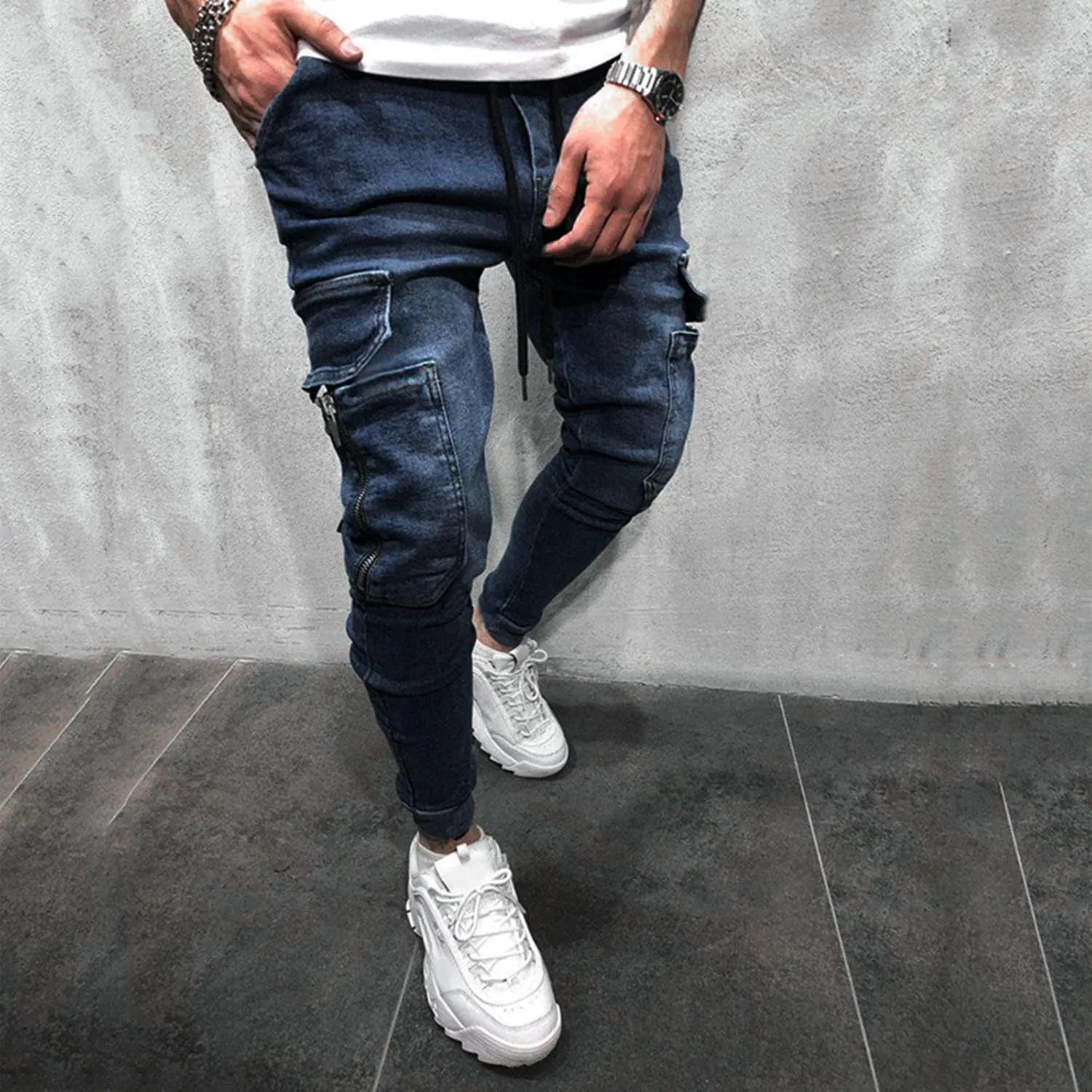 Means Jeans Casual Pocket Drawstring Waist Solid Color Slim Toe Jeans Pants Flex Waist Jean Men's Lightweight Jeans