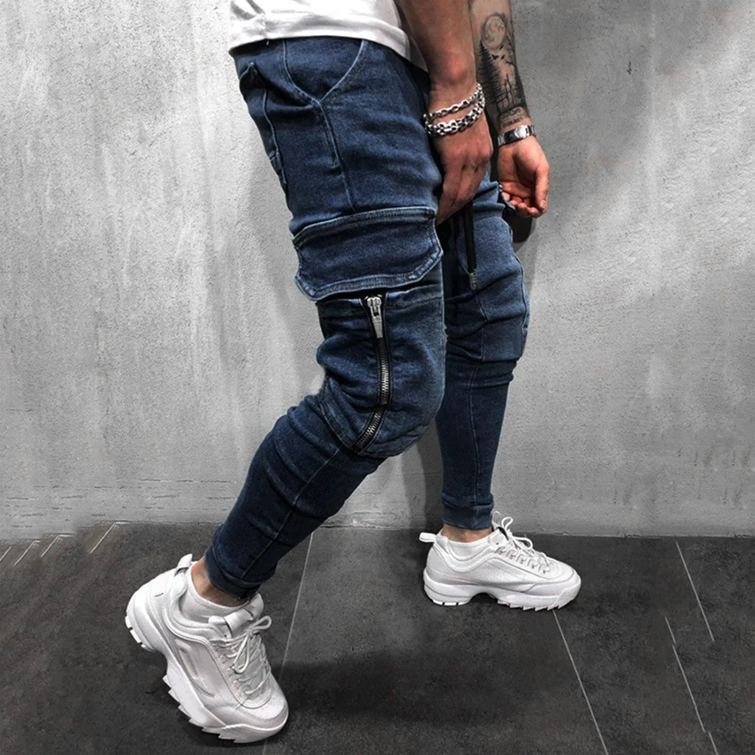 Means Jeans Casual Pocket Drawstring Waist Solid Color Slim Toe Jeans Pants Flex Waist Jean Men's Lightweight Jeans