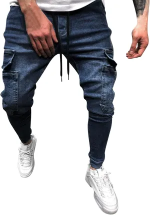 Means Jeans Casual Pocket Drawstring Waist Solid Color Slim Toe Jeans Pants Flex Waist Jean Men's Lightweight Jeans