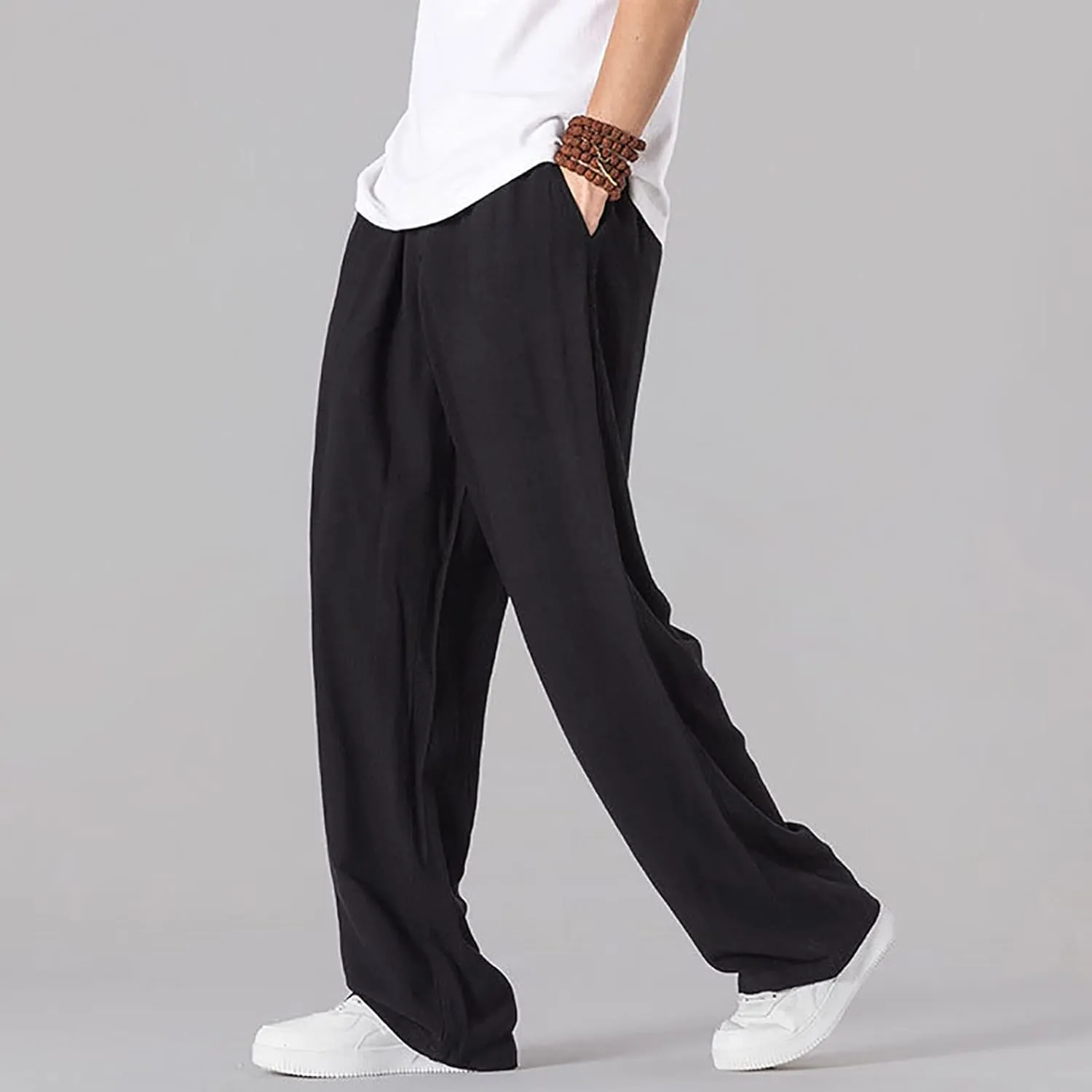 Mens Casual Cotton Linen Wide Leg Loose Lightweight Elastic Waist Pant Jogging Harem Pants Palazzo Trousers
