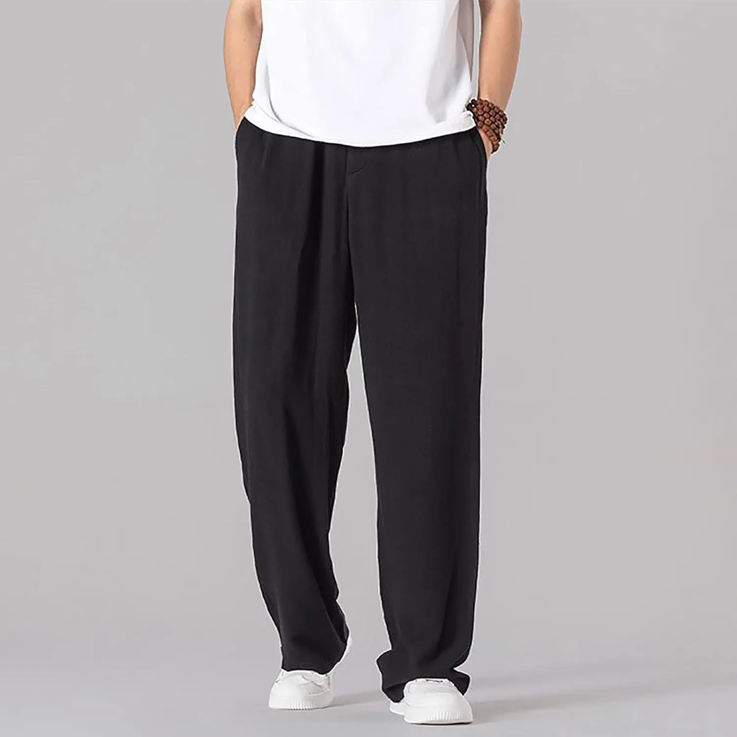 Mens Casual Cotton Linen Wide Leg Loose Lightweight Elastic Waist Pant Jogging Harem Pants Palazzo Trousers