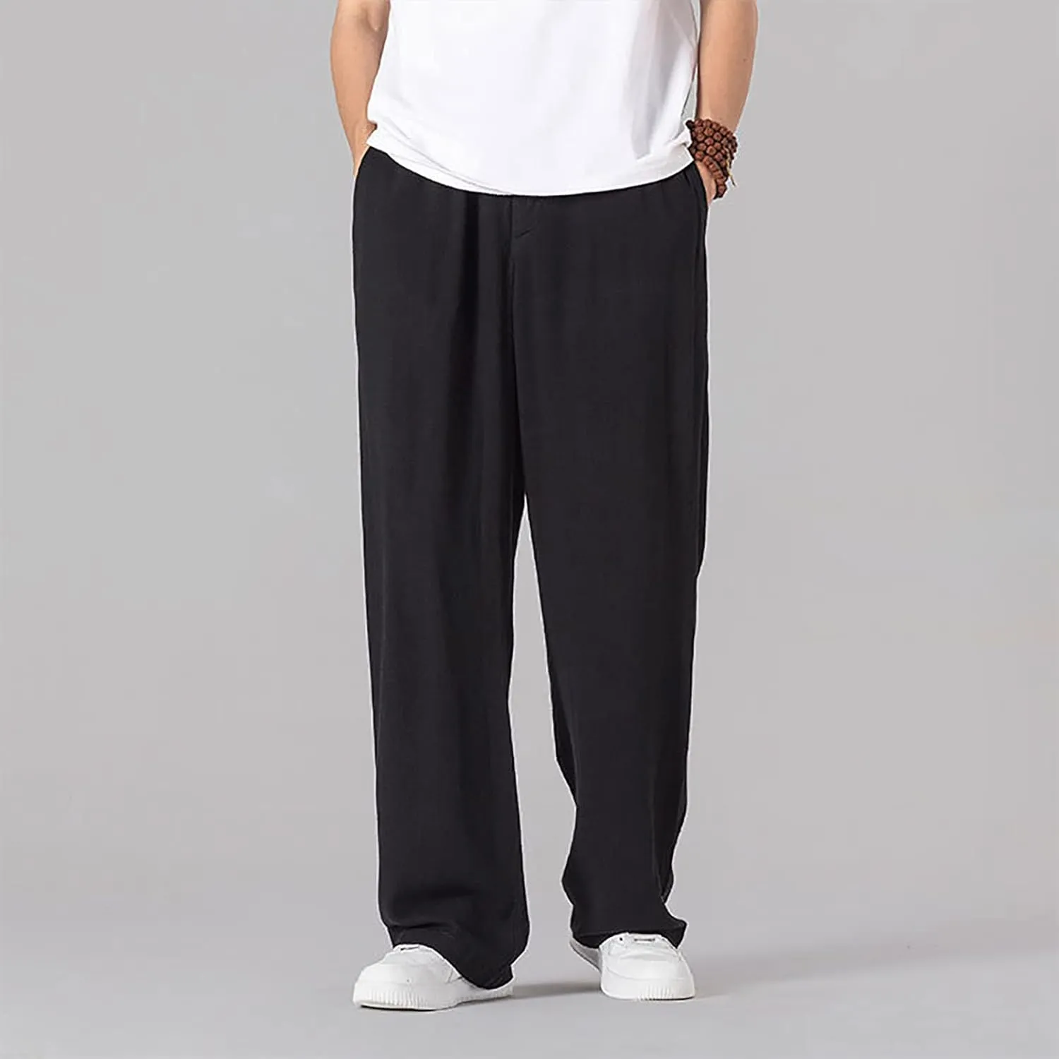 Mens Casual Cotton Linen Wide Leg Loose Lightweight Elastic Waist Pant Jogging Harem Pants Palazzo Trousers