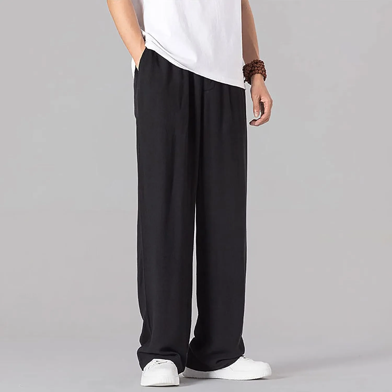 Mens Casual Cotton Linen Wide Leg Loose Lightweight Elastic Waist Pant Jogging Harem Pants Palazzo Trousers