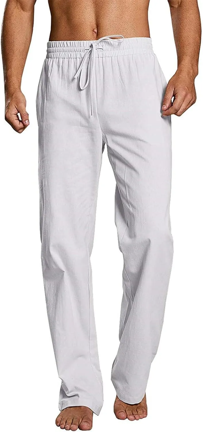 Mens Casual Linen Pants Drawstring Straight Legs Elastic Waist Sweatpants Lightweight Loose Pant Fashion Trousers