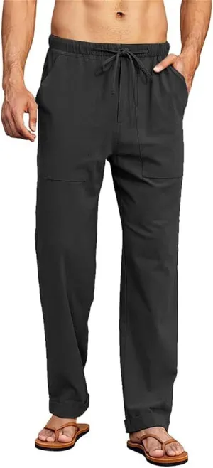 Mens Casual Linen Pants Drawstring Straight Legs Elastic Waist Sweatpants Lightweight Loose Pant Fashion Trousers