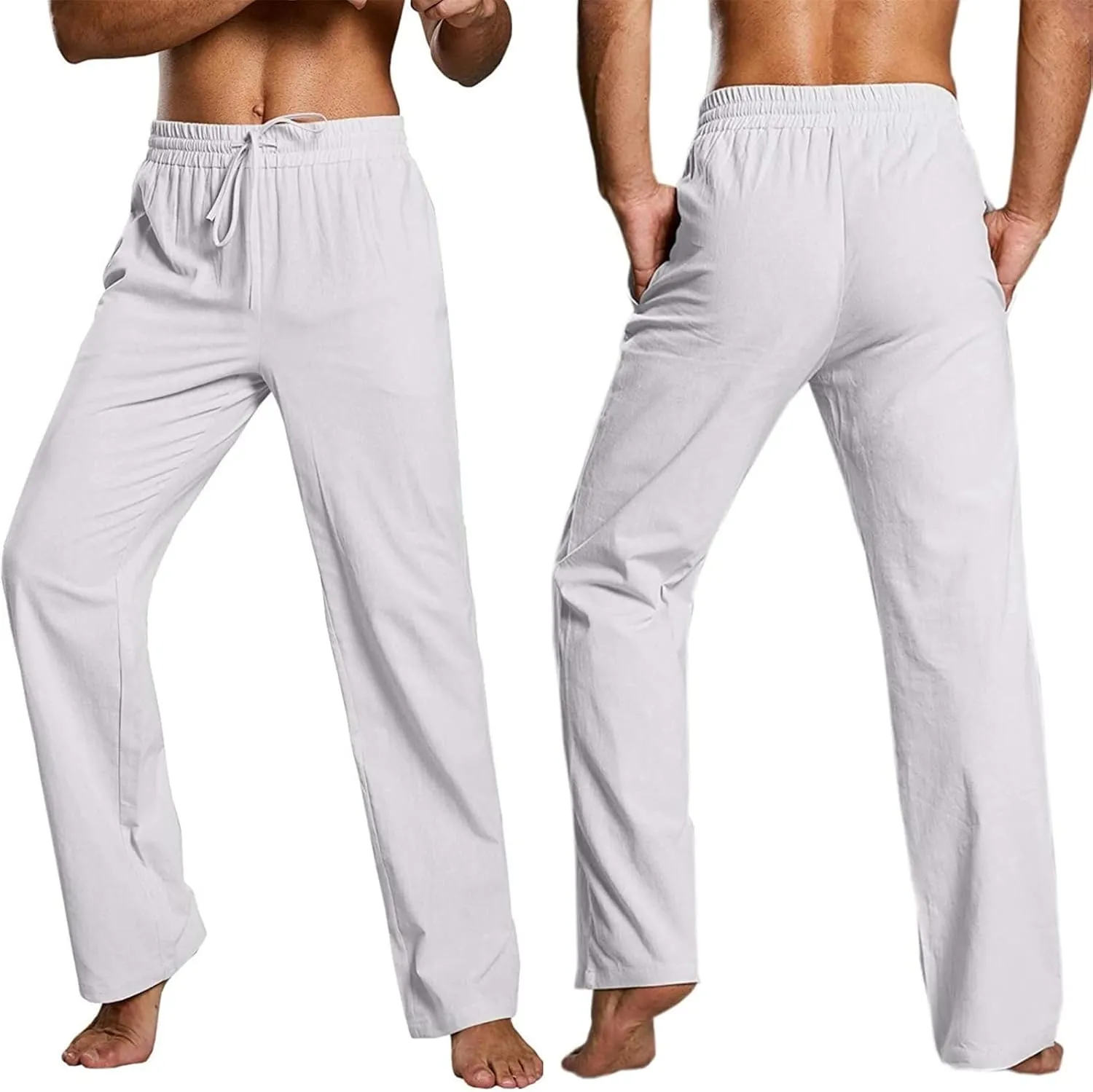 Mens Casual Linen Pants Drawstring Straight Legs Elastic Waist Sweatpants Lightweight Loose Pant Fashion Trousers
