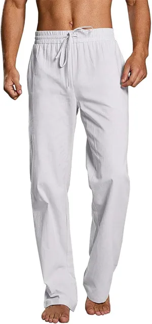 Mens Casual Linen Pants Drawstring Straight Legs Elastic Waist Sweatpants Lightweight Loose Pant Fashion Trousers