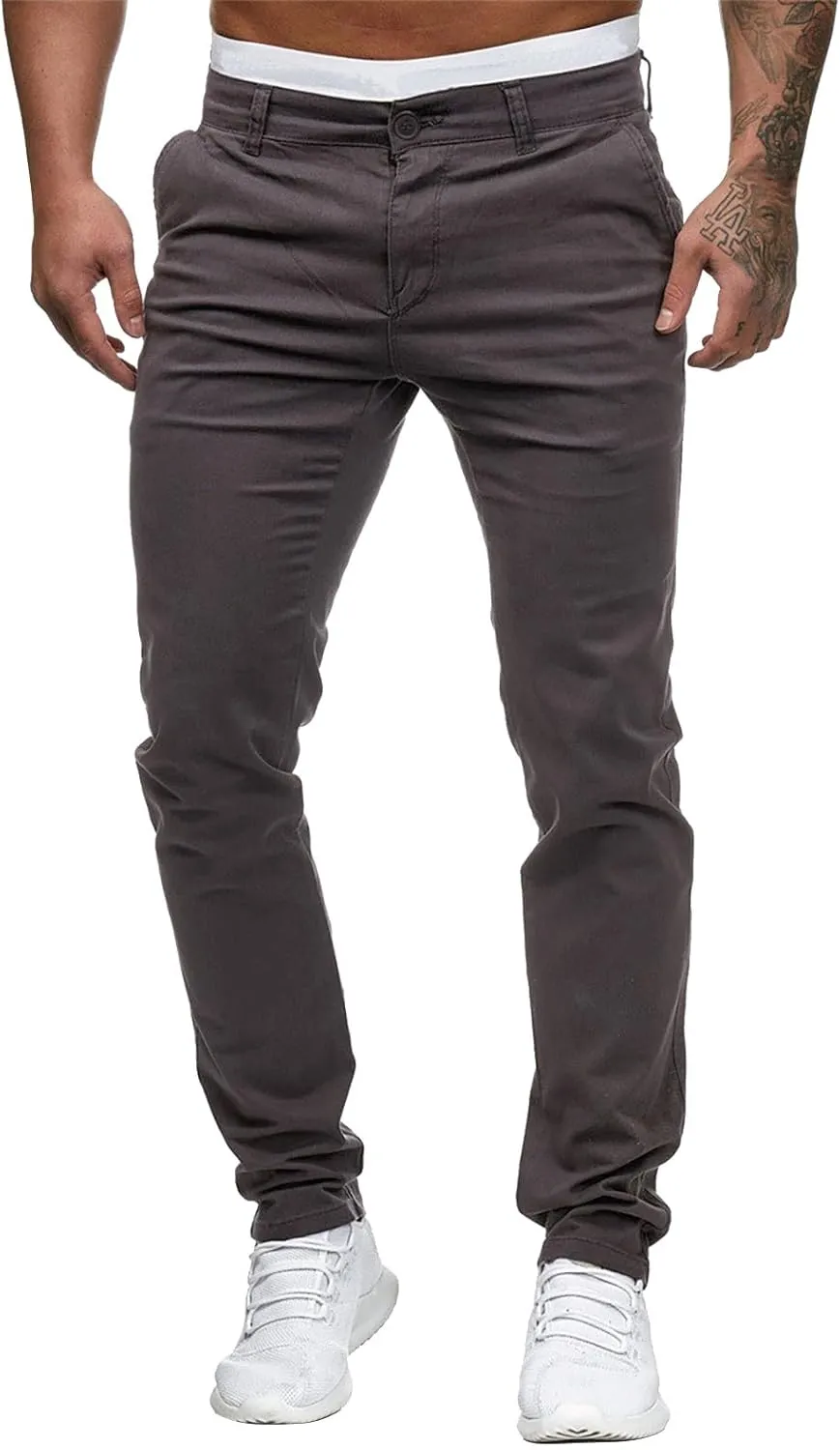 Mens Casual Outdoor Pants Lightweight Cotton Twill Elastic Waist Tapered Joggers Chino Pants with Pockets