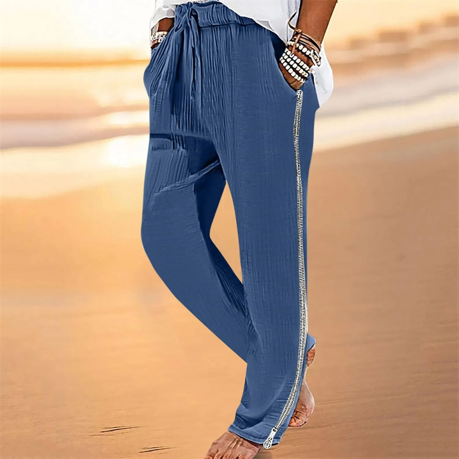 Mens Casual Soft Linen Pants Elastic Waist Drawstring Beach Spring Summer Pants Lightweight Linen Trousers Yoga Pants