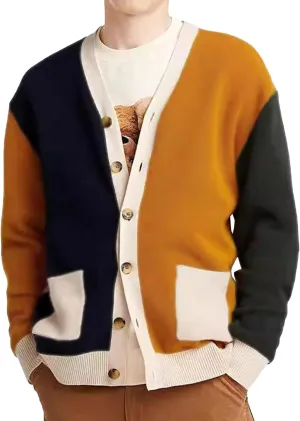 Men's Color Block Lightweight Open Sweater V Neck Button Down Casual Cardigans Fashion Knitted Cardigan Tops