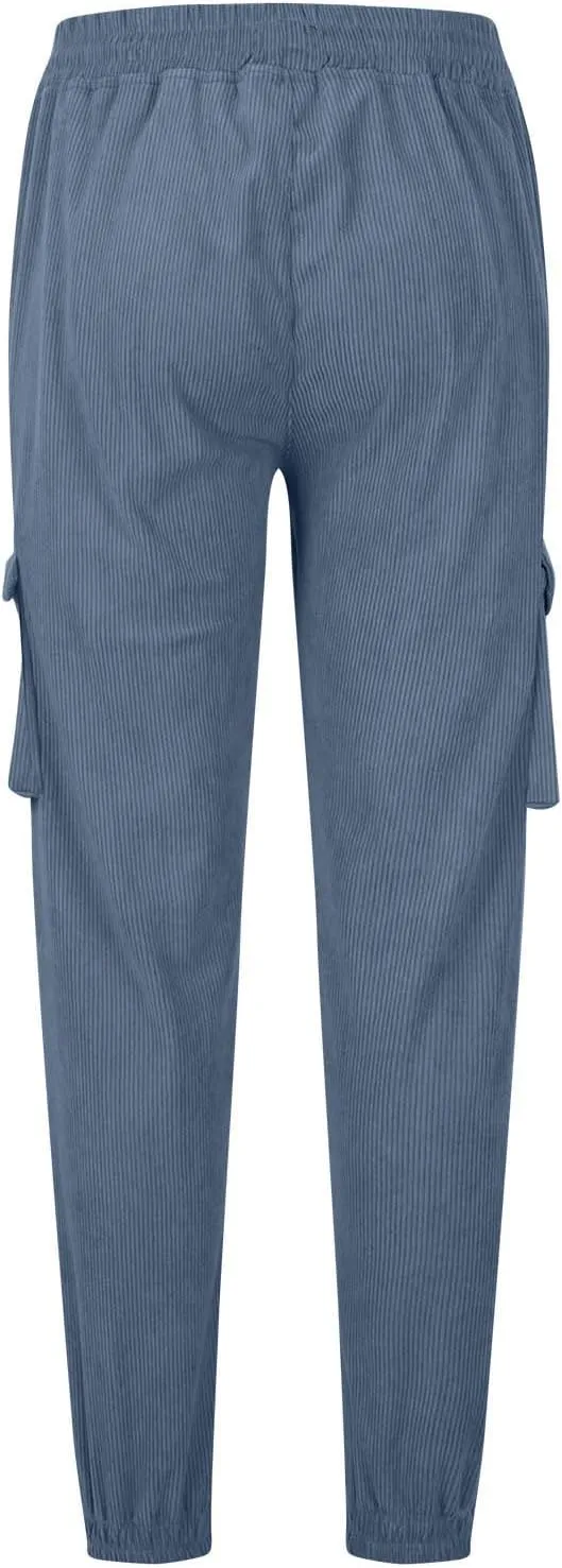 Mens Corduroy Cargo Sweatpants Casual Lightweight Elastic Waist Drawstring Tapered Pant with Pockets