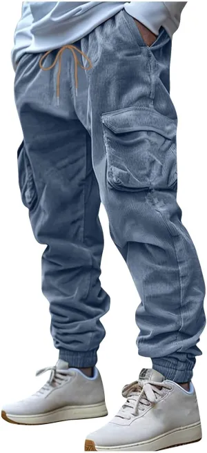 Mens Corduroy Cargo Sweatpants Casual Lightweight Elastic Waist Drawstring Tapered Pant with Pockets