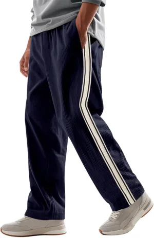 Mens Corduroy Striped Pants Loose Lightweight Wide Leg Sweatpants Casual Elastic Waist Drawstring Vintage Track Pants