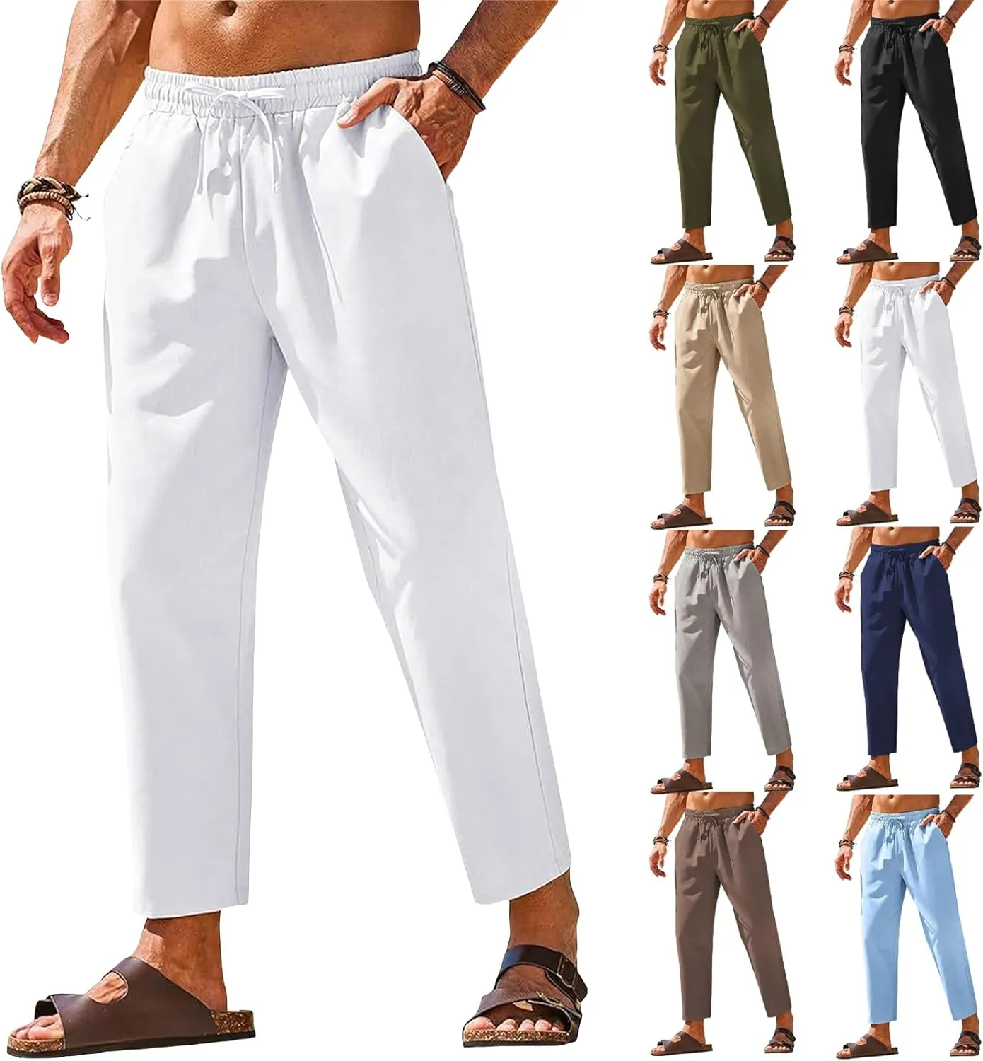 Men's Cotton Linen Beach Pants Casual Drawstring Elastic Waist Summer Fashion Lightweight Yoga Trousers with Pocket