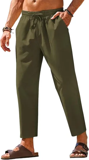 Men's Cotton Linen Beach Pants Casual Drawstring Elastic Waist Summer Fashion Lightweight Yoga Trousers with Pocket