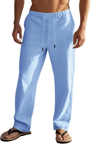 Mens Cotton Linen Pants Elastic Drawstring Waist Straight Leg Casual Loose Fit Solid Long Pants Summer Beach Trousers