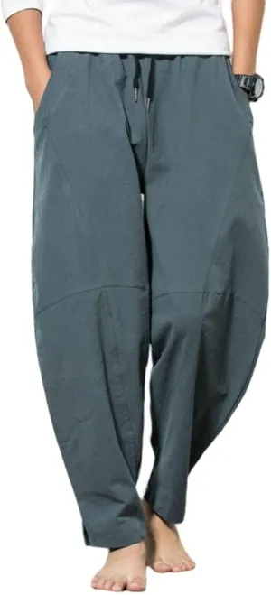 Mens Cotton Linen Pants Lightweight Loose Fit Elastic Waist Drawstring Straight Casual Sweatpants Workout Trousers