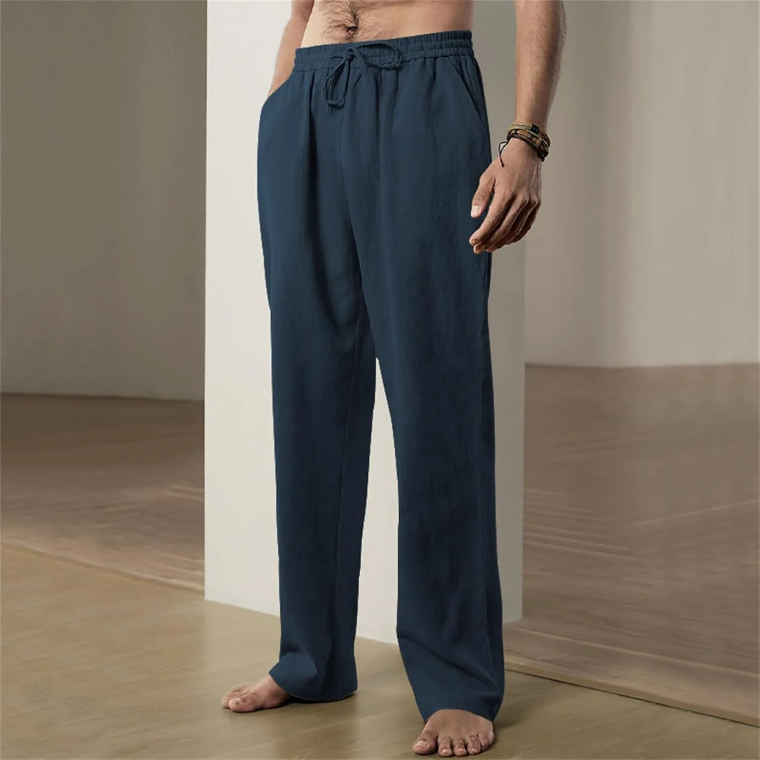 Mens Drawstring Elastic Waist Pants Linen Lightweight Casual Sweatpants Yoga Trousers Loose Fashion Beach Pajamas