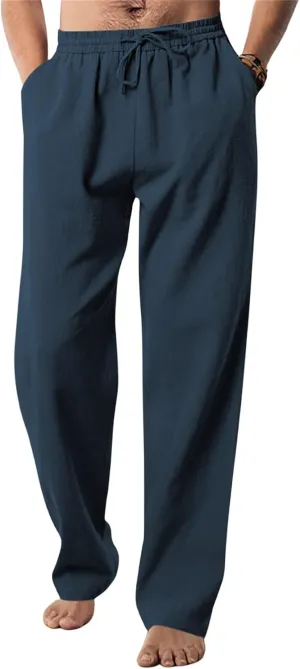 Mens Drawstring Elastic Waist Pants Linen Lightweight Casual Sweatpants Yoga Trousers Loose Fashion Beach Pajamas