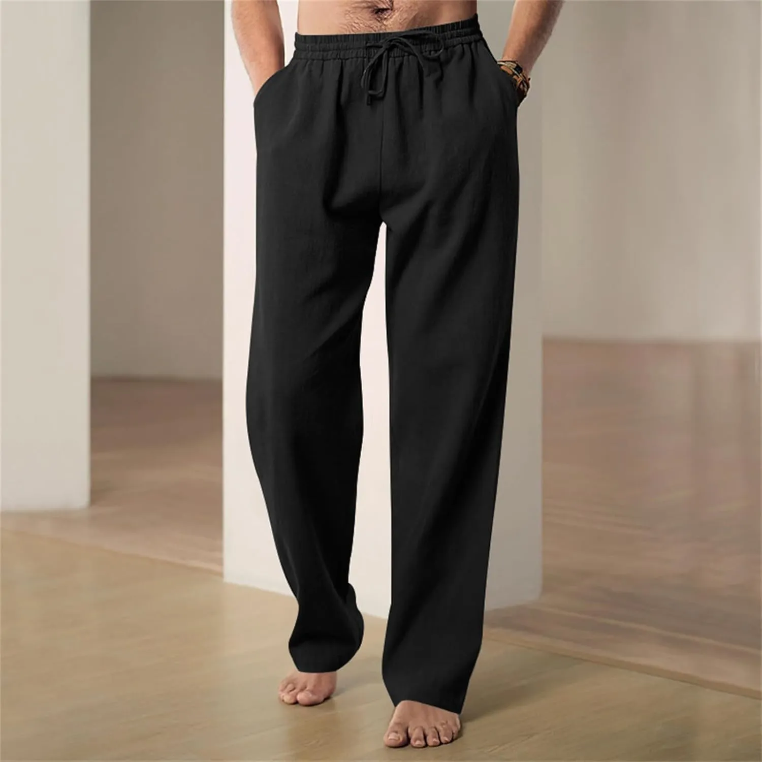 Mens Drawstring Elastic Waist Pants Linen Lightweight Casual Sweatpants Yoga Trousers Loose Fashion Beach Pajamas