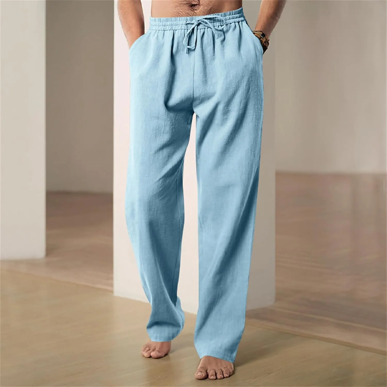 Mens Drawstring Elastic Waist Pants Linen Lightweight Casual Sweatpants Yoga Trousers Loose Fashion Beach Pajamas