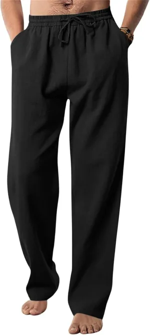 Mens Drawstring Elastic Waist Pants Linen Lightweight Casual Sweatpants Yoga Trousers Loose Fashion Beach Pajamas
