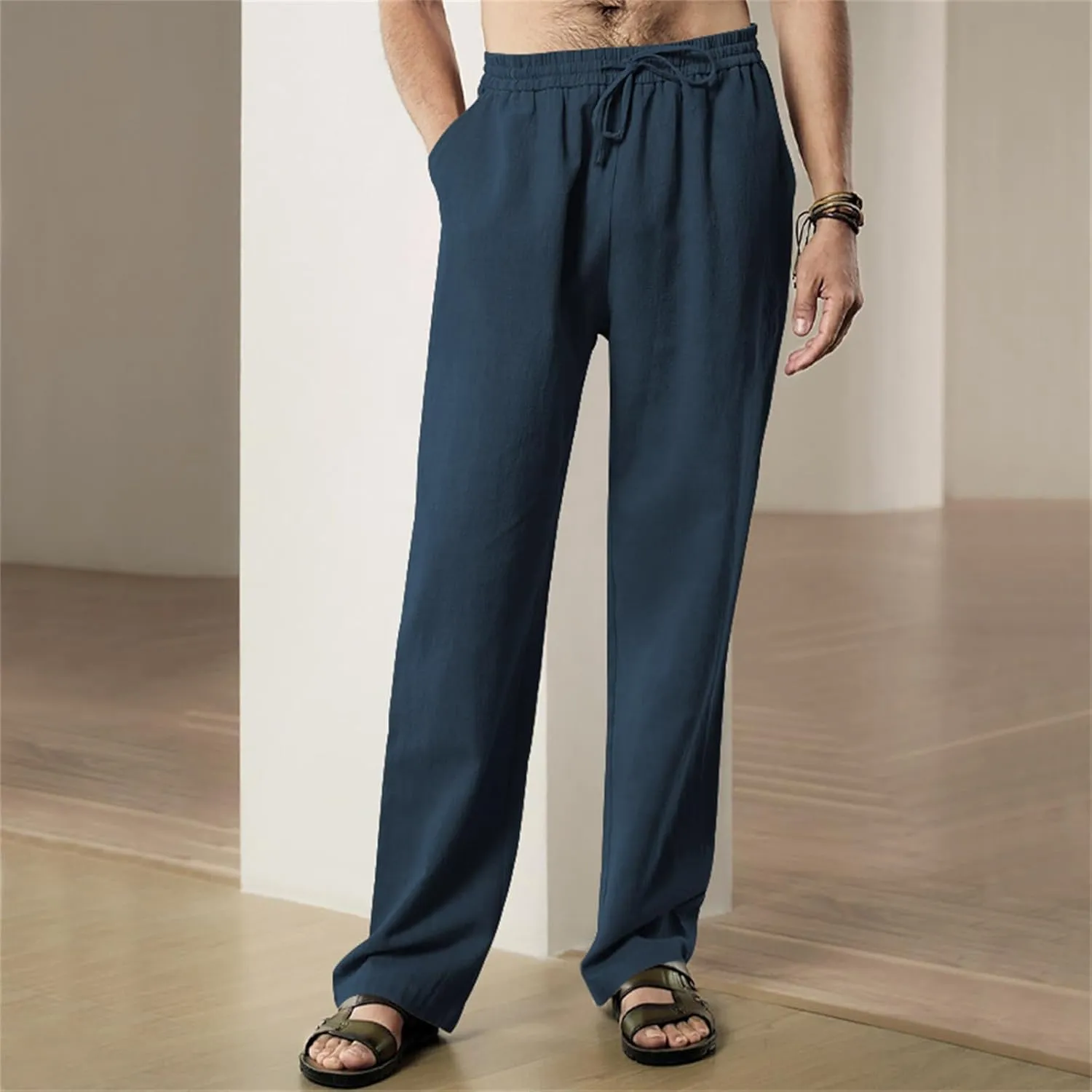 Mens Drawstring Elastic Waist Pants Linen Lightweight Casual Sweatpants Yoga Trousers Loose Fashion Beach Pajamas