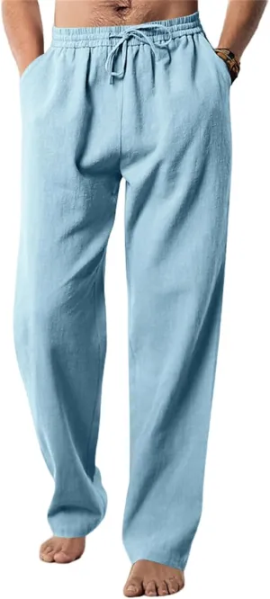 Mens Drawstring Elastic Waist Pants Linen Lightweight Casual Sweatpants Yoga Trousers Loose Fashion Beach Pajamas