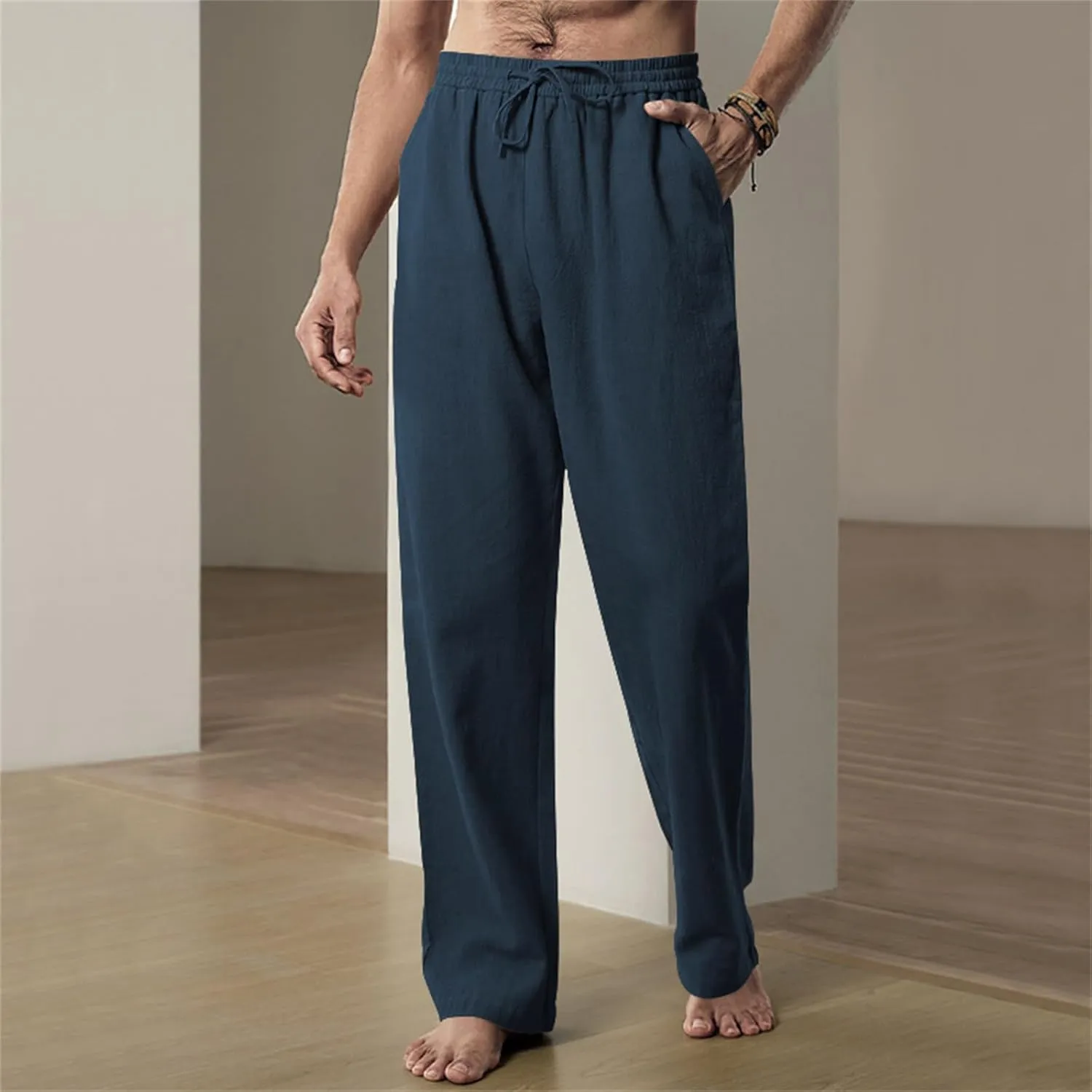 Mens Drawstring Elastic Waist Pants Linen Lightweight Casual Sweatpants Yoga Trousers Loose Fashion Beach Pajamas