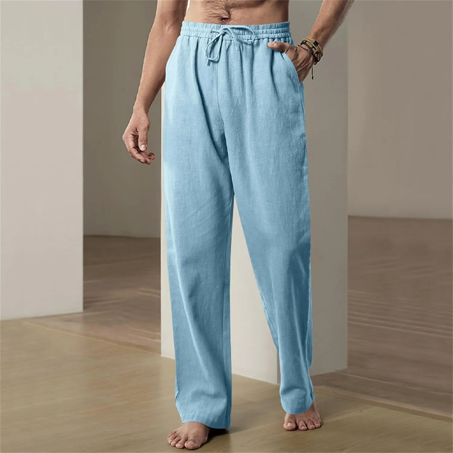 Mens Drawstring Elastic Waist Pants Linen Lightweight Casual Sweatpants Yoga Trousers Loose Fashion Beach Pajamas