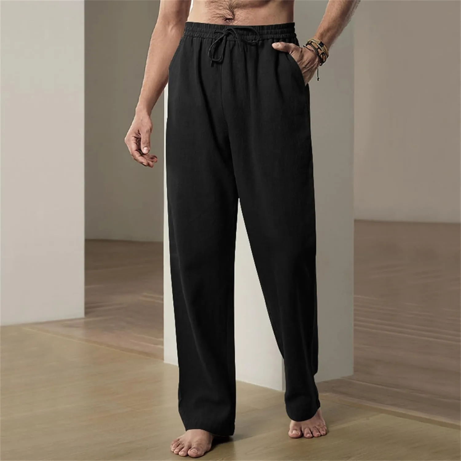 Mens Drawstring Elastic Waist Pants Linen Lightweight Casual Sweatpants Yoga Trousers Loose Fashion Beach Pajamas