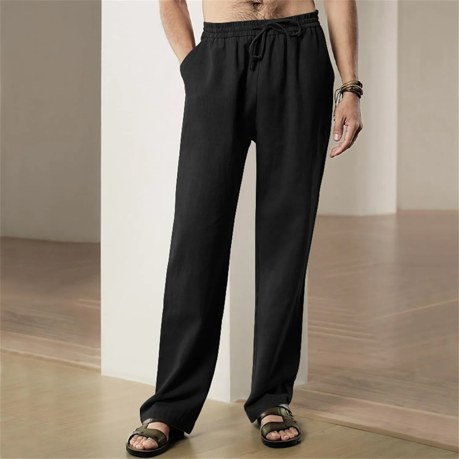 Mens Drawstring Elastic Waist Pants Linen Lightweight Casual Sweatpants Yoga Trousers Loose Fashion Beach Pajamas