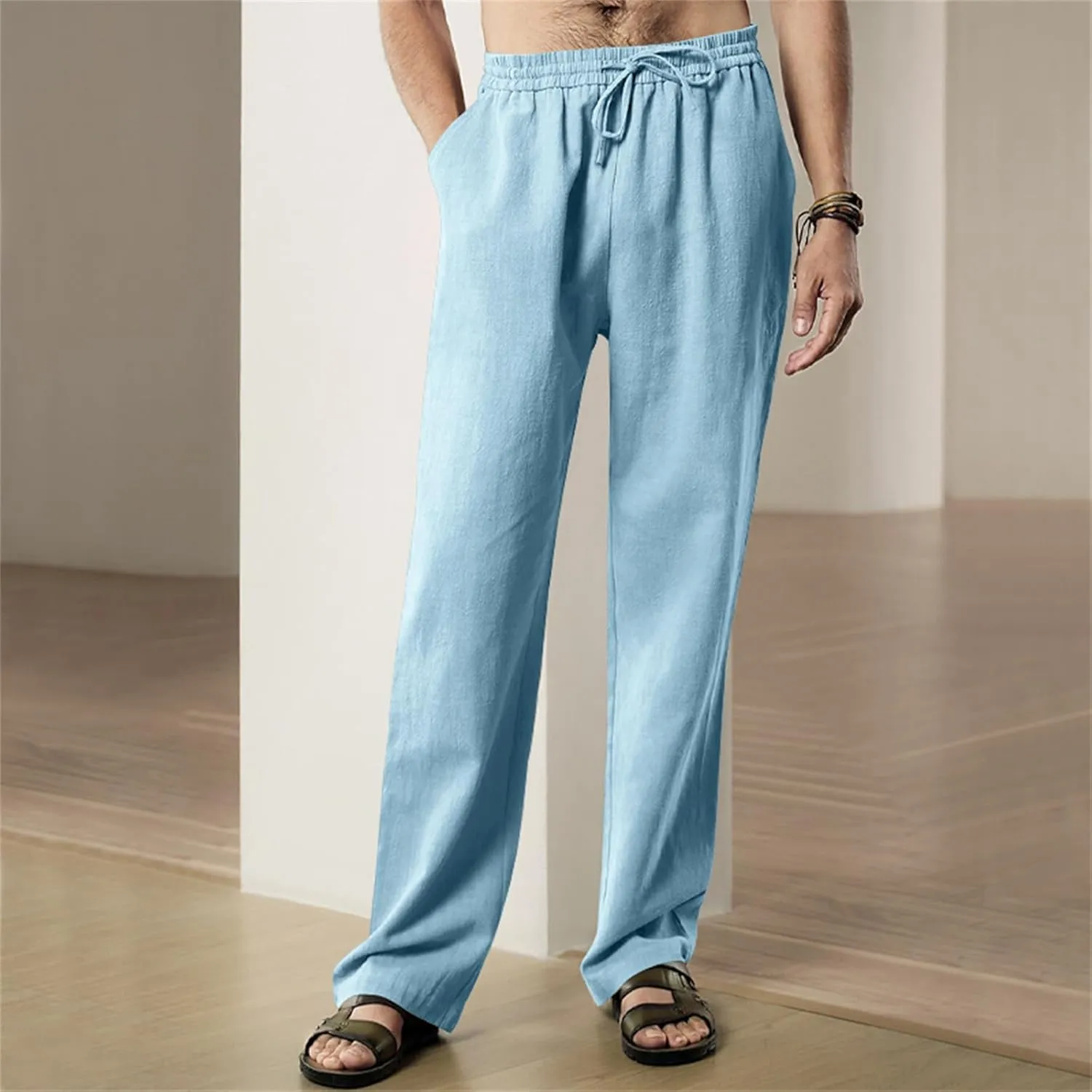 Mens Drawstring Elastic Waist Pants Linen Lightweight Casual Sweatpants Yoga Trousers Loose Fashion Beach Pajamas