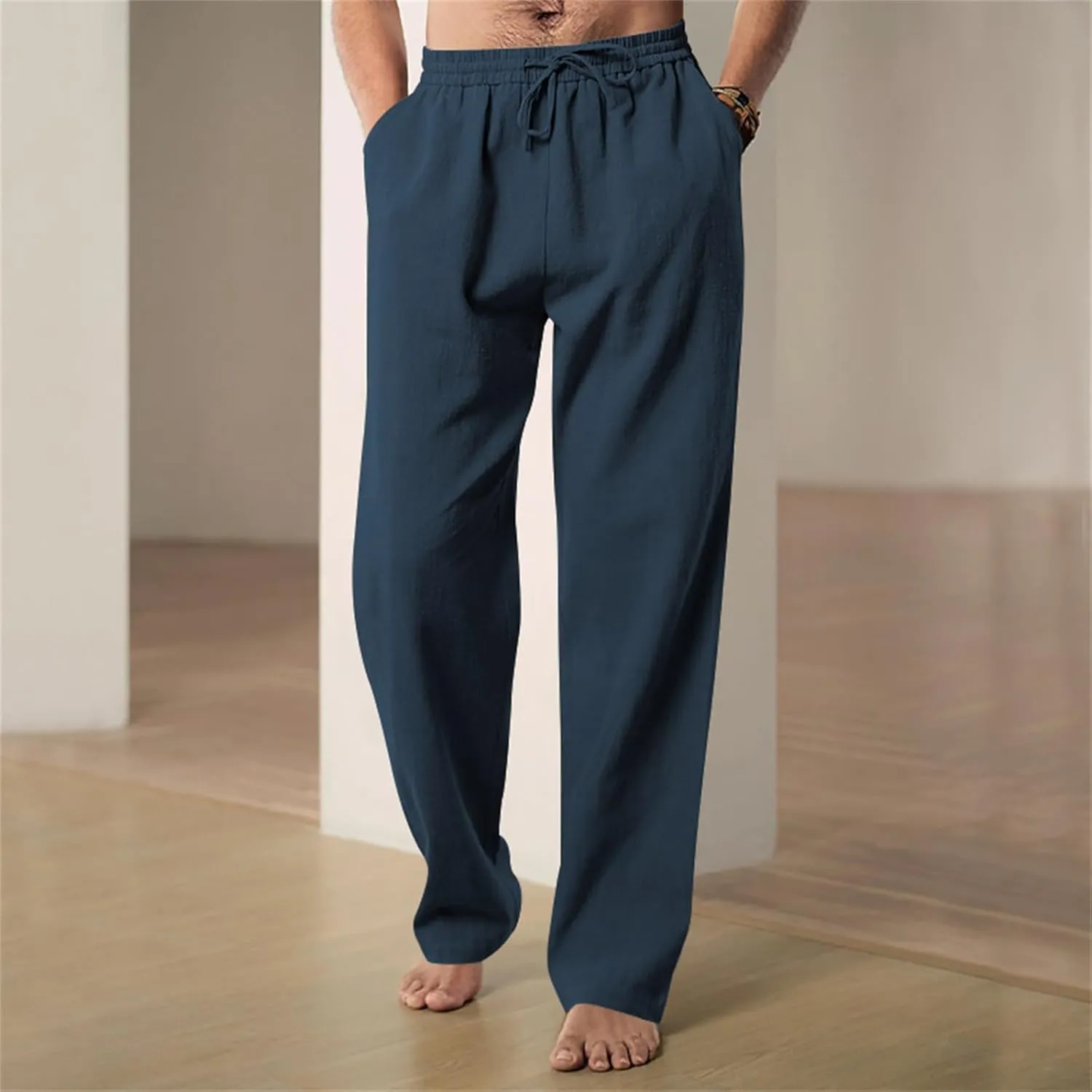 Mens Drawstring Elastic Waist Pants Linen Lightweight Casual Sweatpants Yoga Trousers Loose Fashion Beach Pajamas