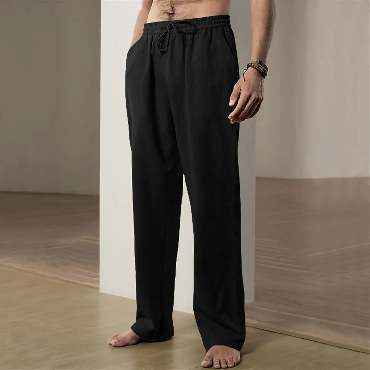 Mens Drawstring Elastic Waist Pants Linen Lightweight Casual Sweatpants Yoga Trousers Loose Fashion Beach Pajamas