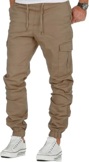 Mens Drawstring Elastic Waist Tapered Pants Gym Training Jogger Cargo Pants Slim Fit Stretch Trousers with Pockets