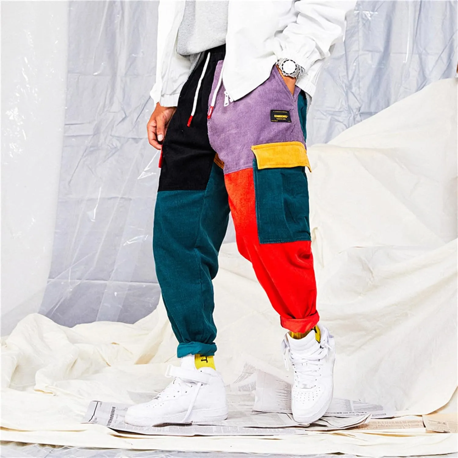 Mens Fashion Hip hop Harem Pants Color Patchwork Streetwear Cargo Pants Casual Running Sport Drawstring Long Pants