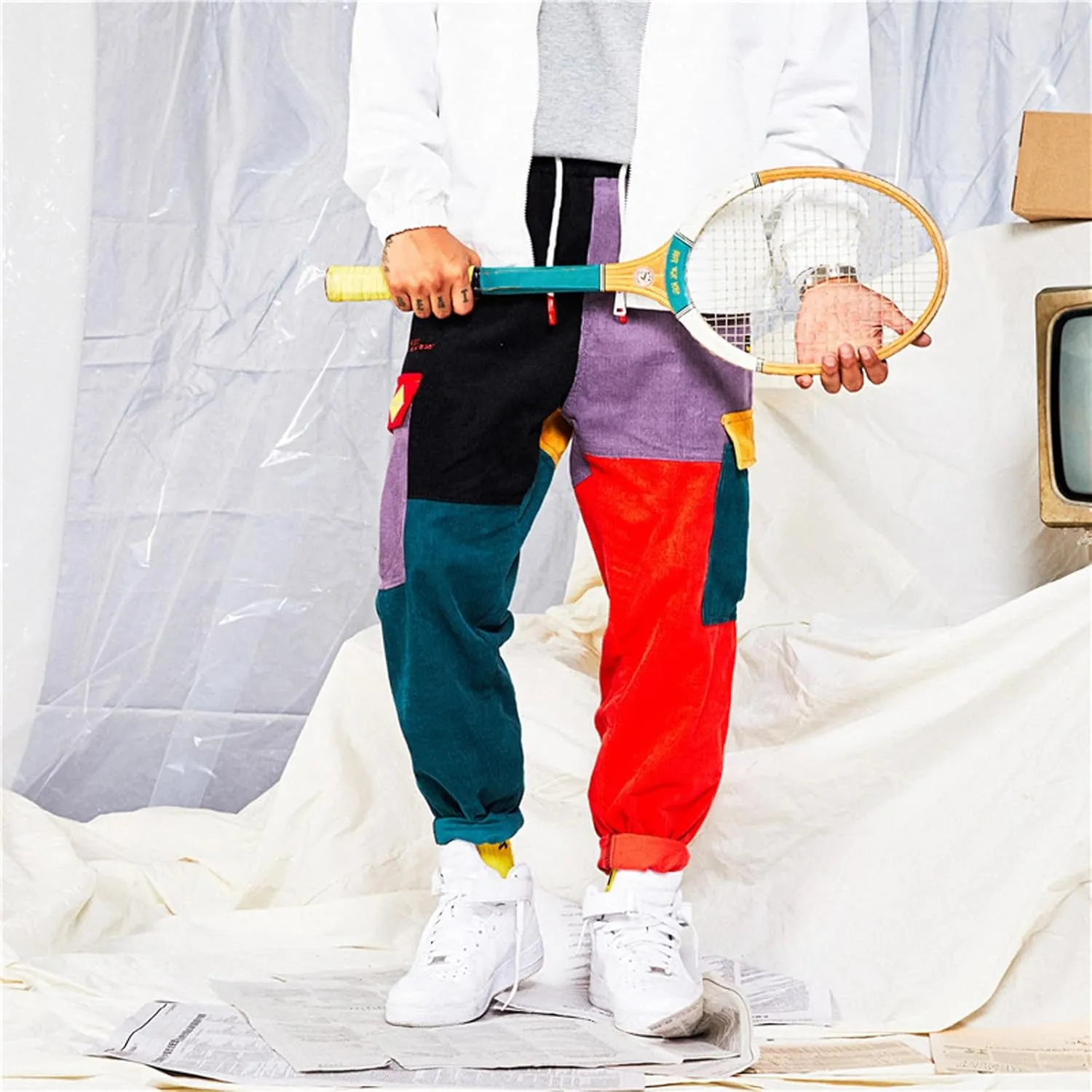 Mens Fashion Hip hop Harem Pants Color Patchwork Streetwear Cargo Pants Casual Running Sport Drawstring Long Pants