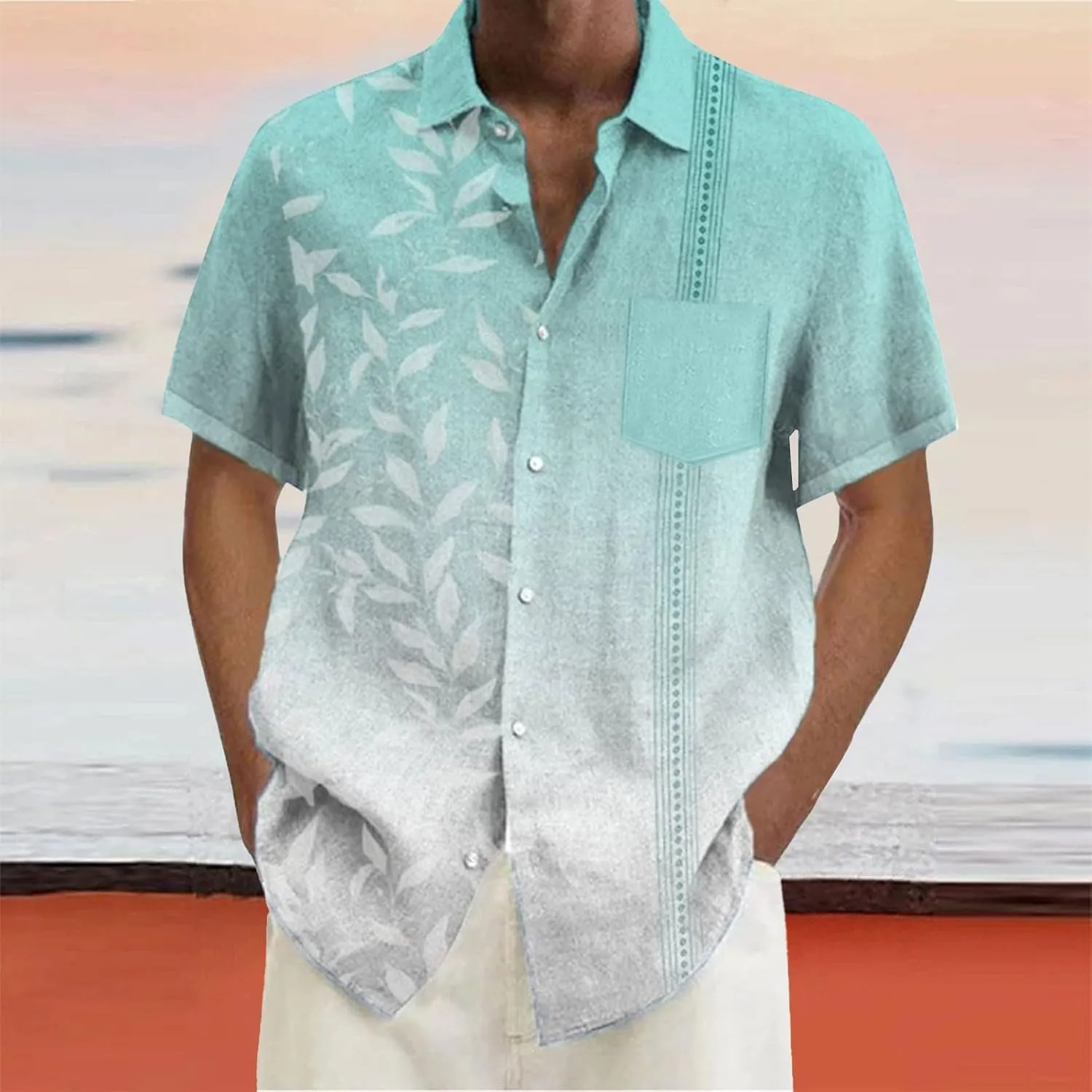 Men's Guayabera Shirt Short Sleeve Button Down Top Collar Cuban Beach Summer Loungewear Pocket Hawaiian Aloha Tshirt Oversize