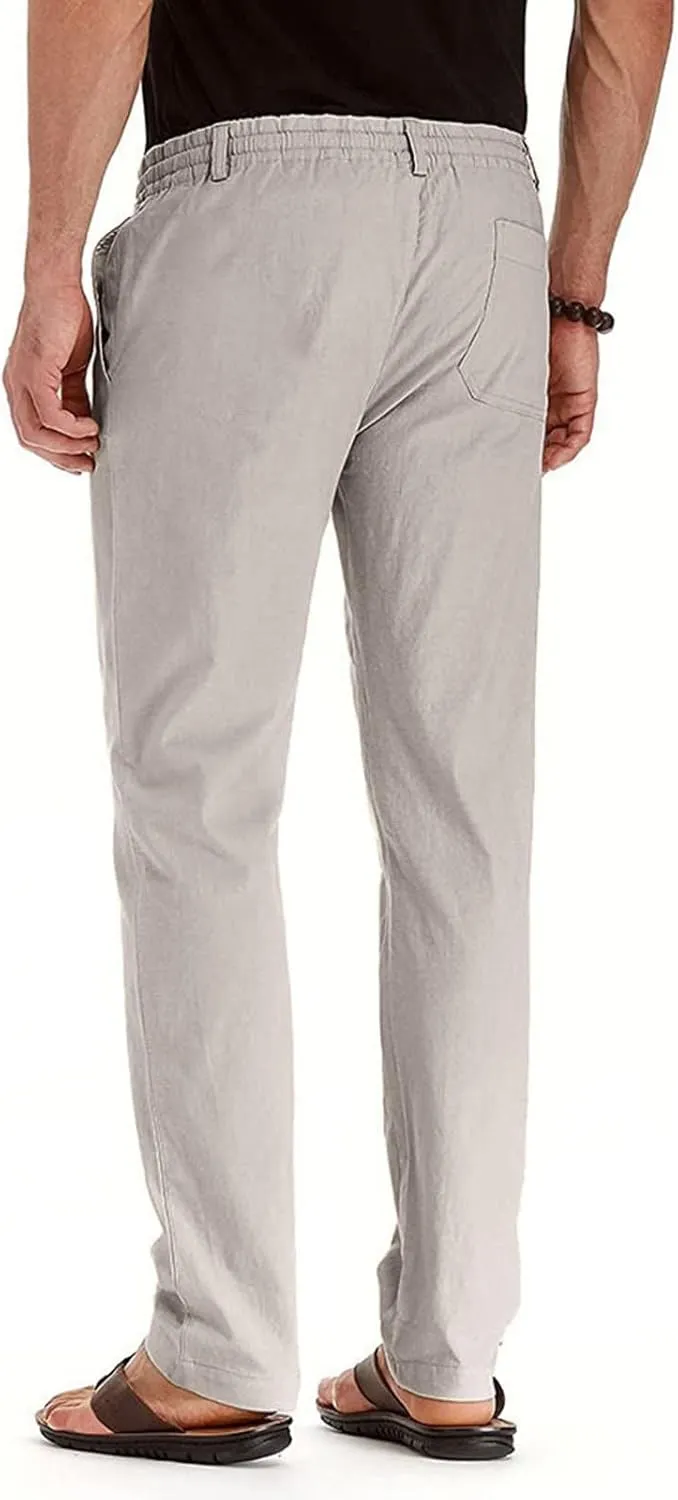 Men's Linen Casual Pants, Elastic Waist Beach Pants Lightweight Drawstring Summer Pants, Lightweight Sweatpants for Men