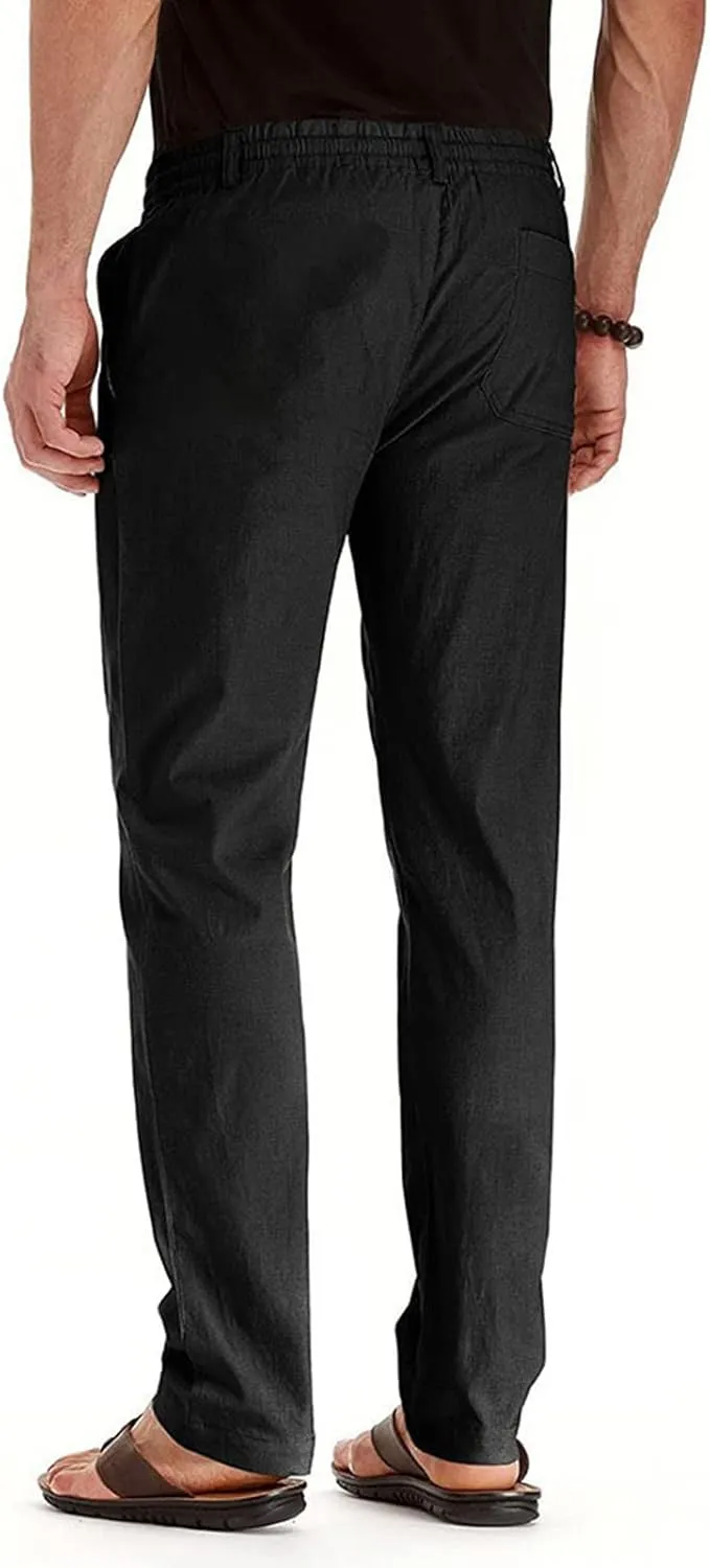 Men's Linen Casual Pants, Elastic Waist Beach Pants Lightweight Drawstring Summer Pants, Lightweight Sweatpants for Men