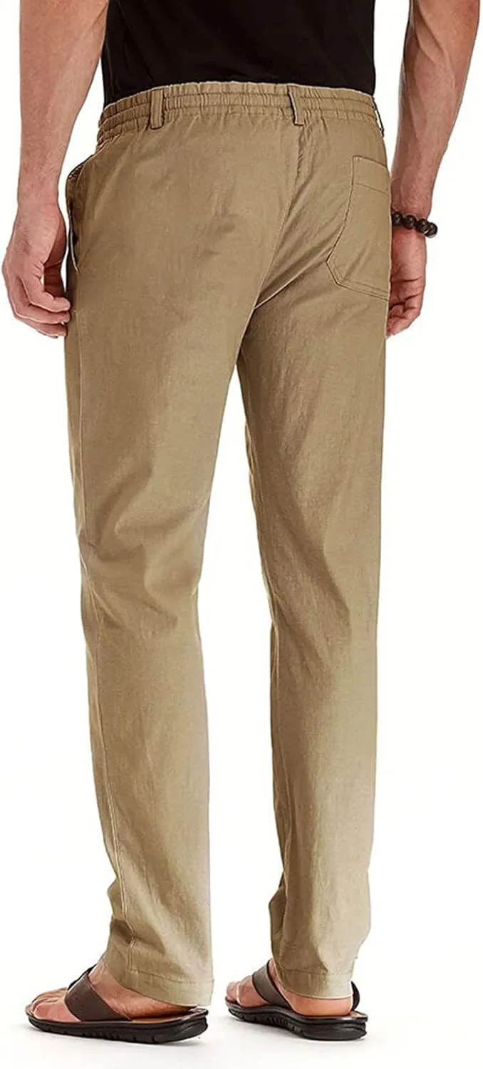 Men's Linen Casual Pants, Elastic Waist Beach Pants Lightweight Drawstring Summer Pants, Lightweight Sweatpants for Men
