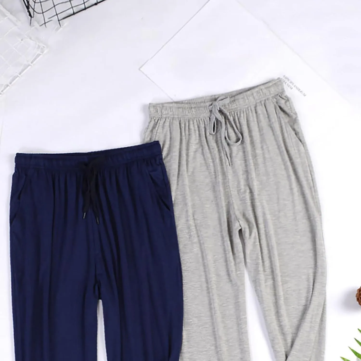 Mens Pajama Pants Casual Elastic Waist Drawstring Sleepwear Straight Wide Leg Home Pants Comfortable Loose Fit Trouser