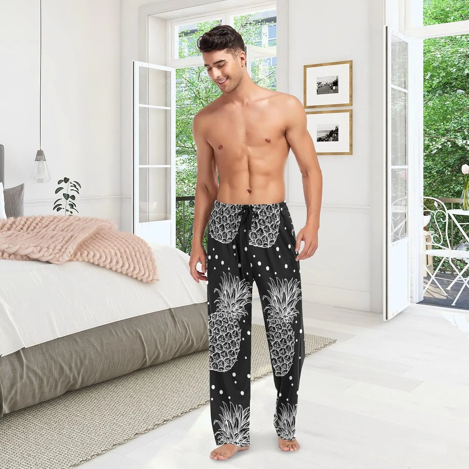 Men's Pajama Pants Straight Trouser Sleep Lounge Pants Sleepwear with Pockets