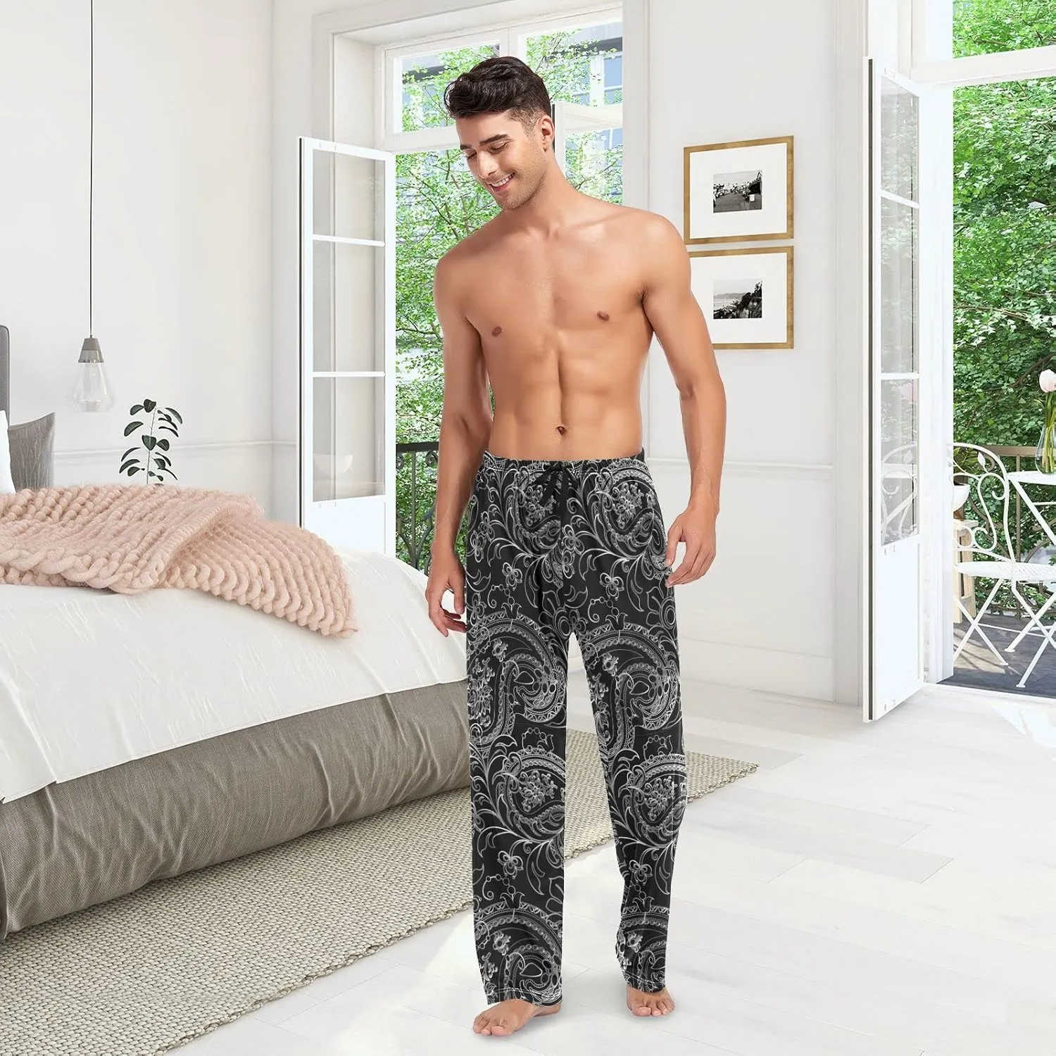 Men's Pajama Pants Straight Trouser Sleep Lounge Pants Sleepwear with Pockets