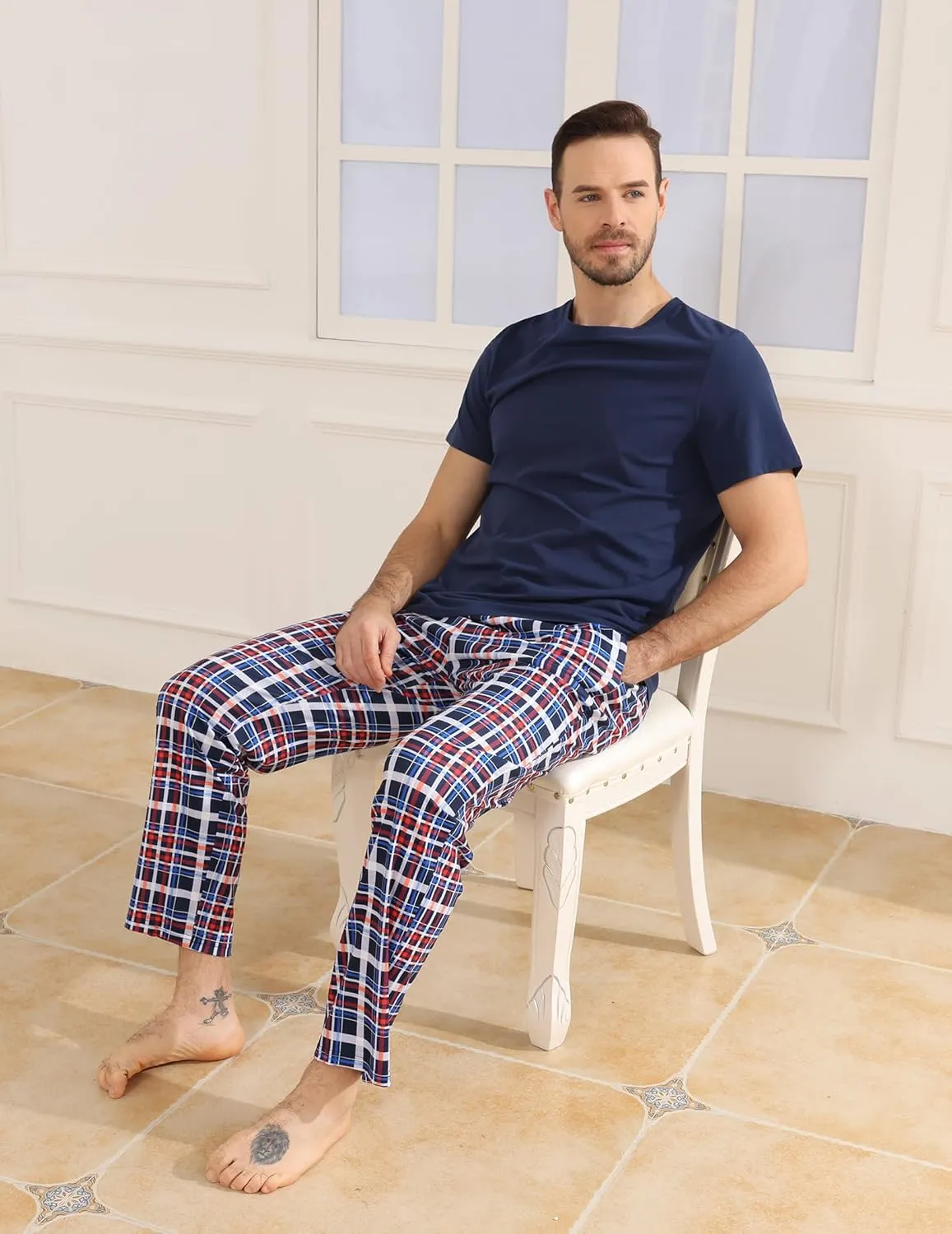 Mens Pajamas Set Cotton Short Sleeve and Plaid Long Pants Loungewear Sleepwear Set Soft Comfy 2 Piece Nightwear