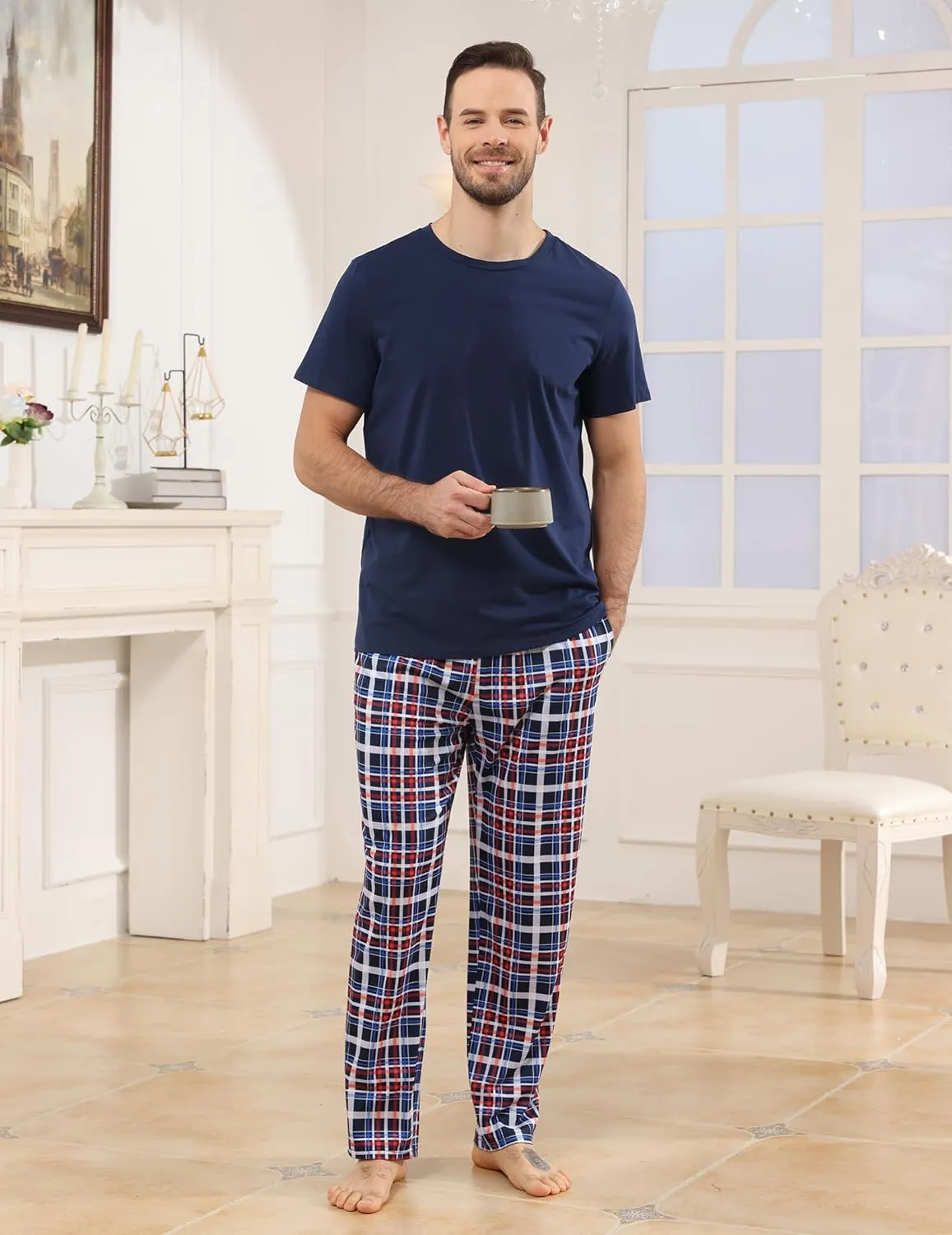 Mens Pajamas Set Cotton Short Sleeve and Plaid Long Pants Loungewear Sleepwear Set Soft Comfy 2 Piece Nightwear