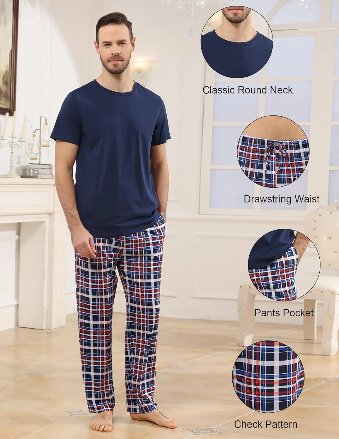 Mens Pajamas Set Cotton Short Sleeve and Plaid Long Pants Loungewear Sleepwear Set Soft Comfy 2 Piece Nightwear
